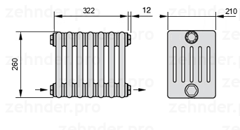 Схема (чертеж) Радиатор Zehnder Charleston 6026/7 №2670 Белый глянцевый RAL 9016